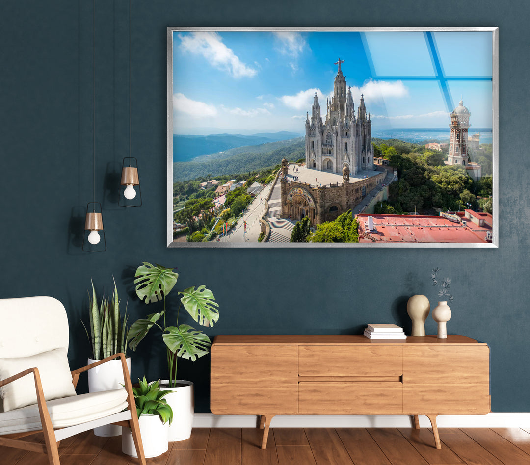 Tibidabo Cathedral Glass Wall Art – Majestic View of Barcelona’s Iconic Mountain & Church