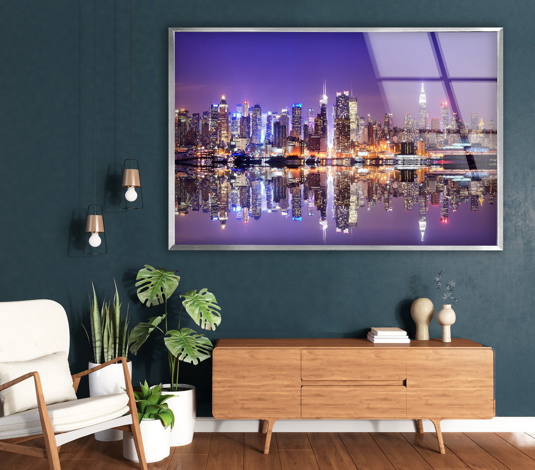 New York City Skyline Glass Wall Art – Iconic Manhattan Skyline with Stunning Waterfront Reflection