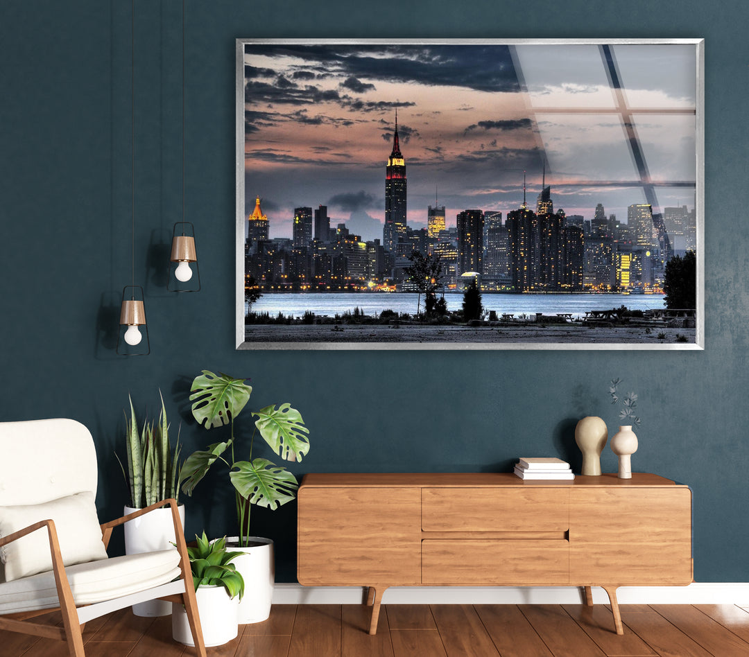 New York City Skyline Glass Wall Art – Stunning Evening View of Empire State Building & Downtown