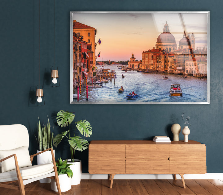 Venice Canal Glass Wall Art – Iconic Grand Canal View at Sunset with Boats