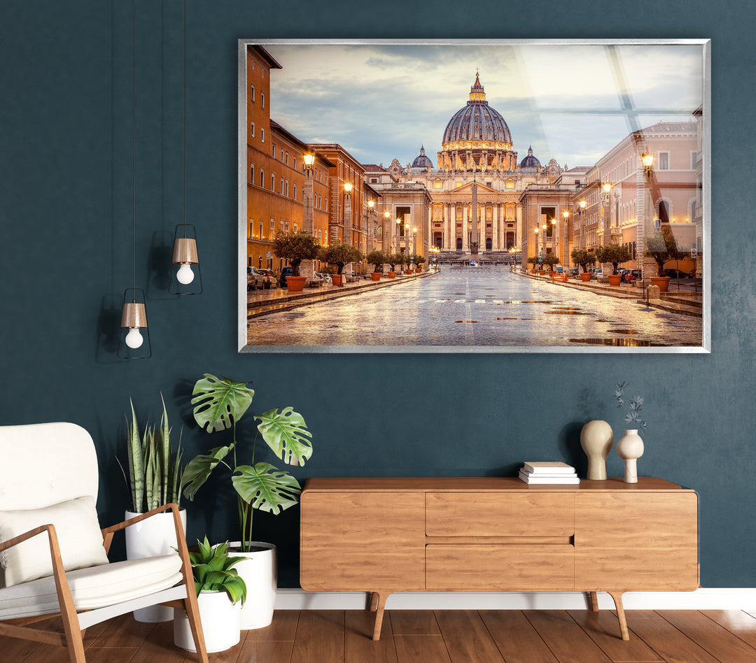 Vatican City Glass Wall Art – Majestic View of St. Peter's Basilica at Dusk