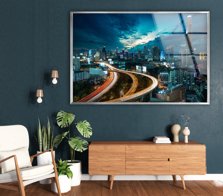 Bangkok Skyline Glass Wall Art – Stunning Night View of Thailand’s Iconic Cityscape