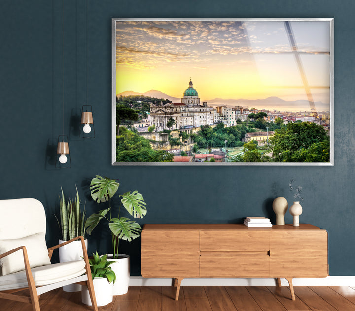 Sunset View of Naples Skyline Glass Wall Art – Iconic Italian Cityscape with Mt. Vesuvius View