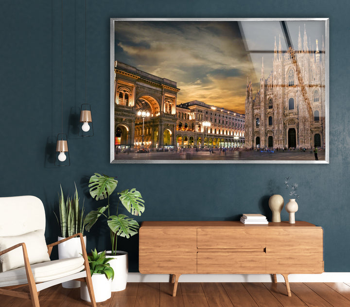 Milan Cityscape Glass Wall Art – Iconic Duomo Cathedral & Galleria Vittorio Emanuele at Dusk