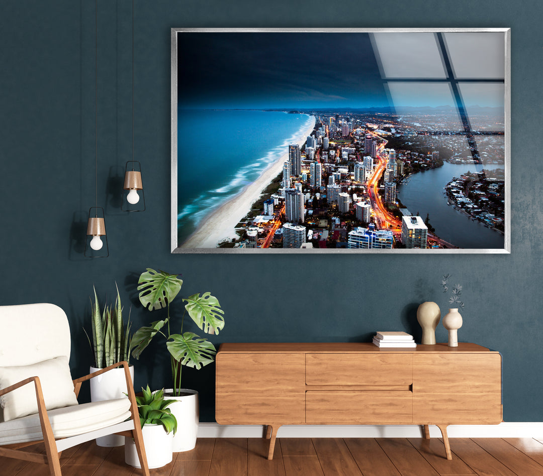 Gold Coast Skyline Glass Wall Art – Majestic View of Australian Coastal City at Night