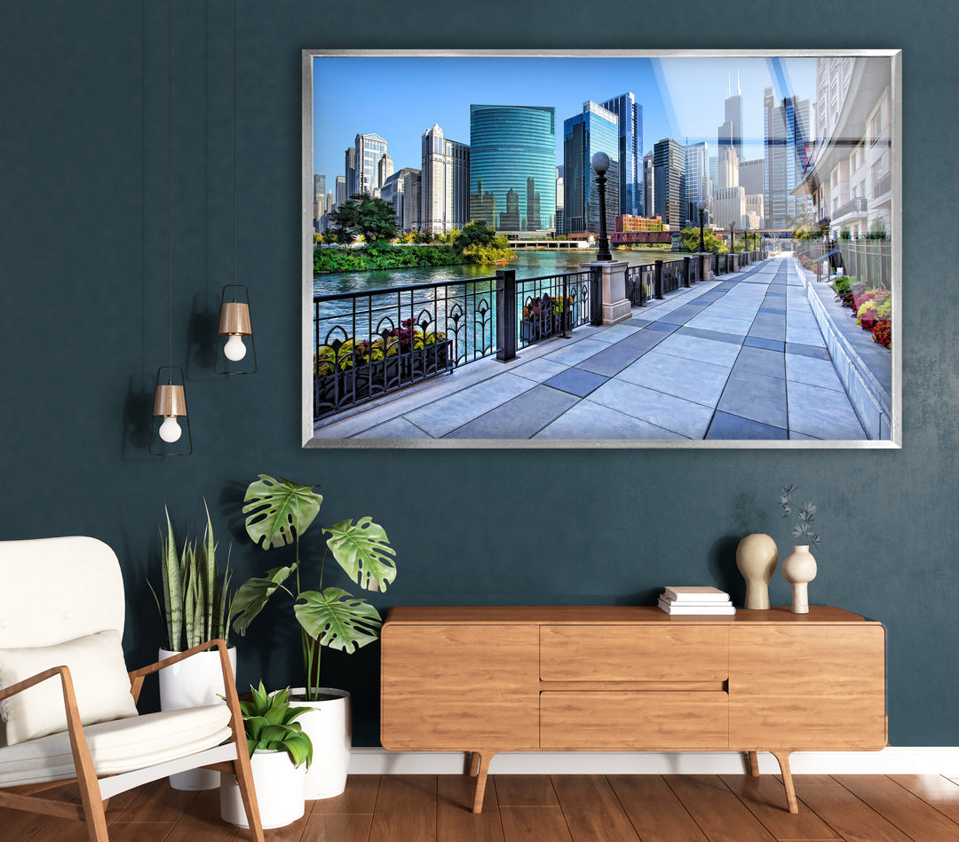 Chicago Riverwalk Glass Wall Art – Stunning View of Downtown Skyscrapers & Waterfront Path