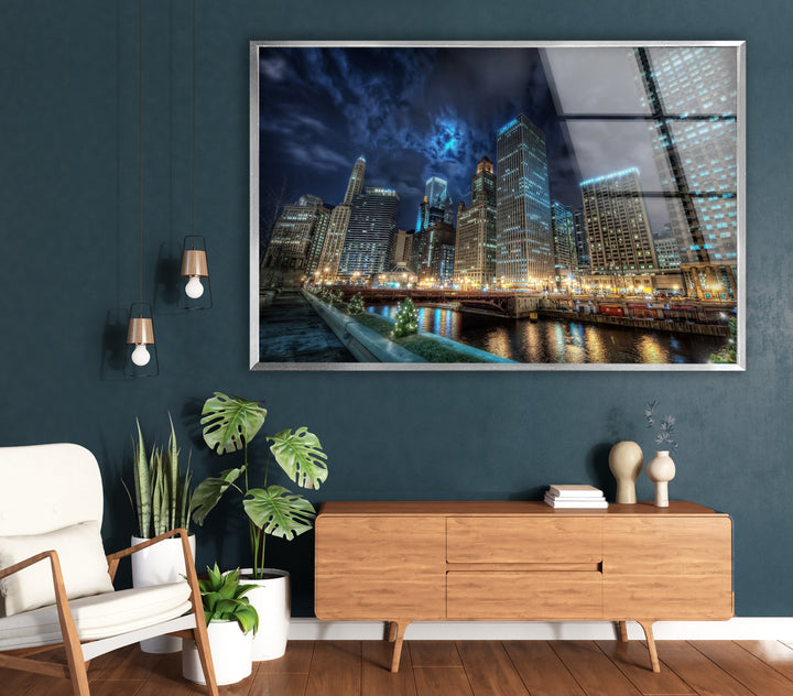 Chicago Skyline Glass Wall Art – Majestic View of Chicago's Iconic River & Skyscrapers at Night