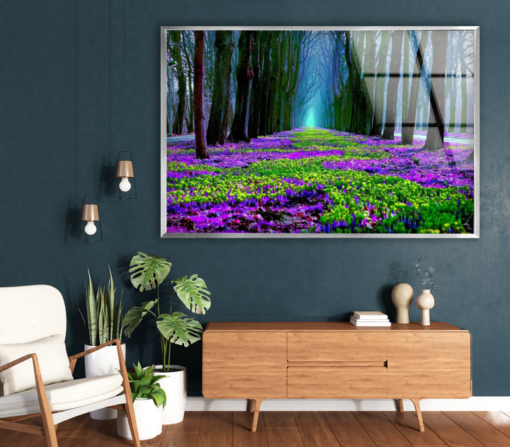 Flower Pathway Glass Wall Art – Serene Spring Landscape with Lush Blooming Flowers