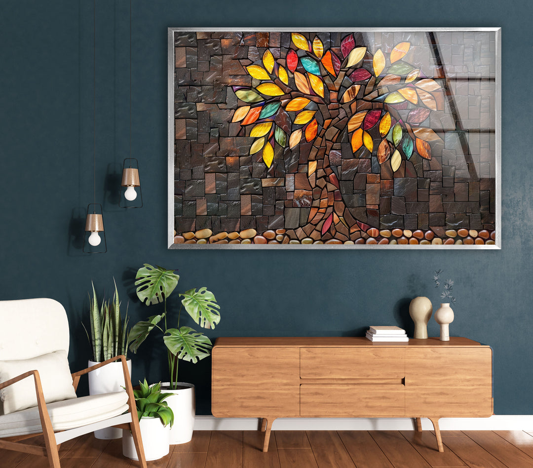 Mosaic Brown Tree Of Life Glass Wall Art custom glass pictures, glass art prints