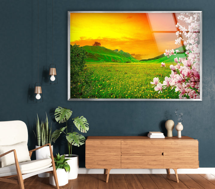 Sunset Meadow Glass Wall Art – Beautiful Spring Landscape with Blossoming Flowers