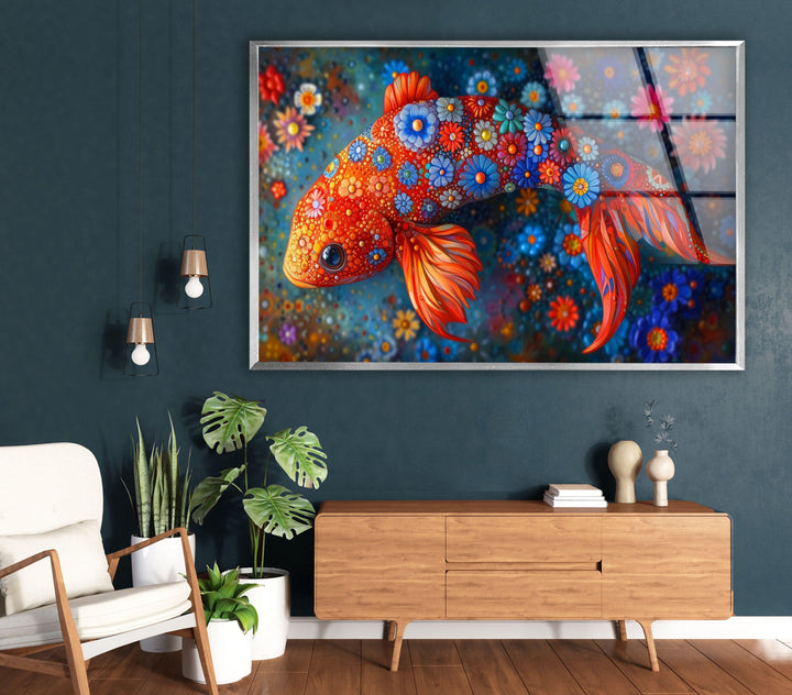 Fish with Flowers Glass Wall Art photo print on glass, prints on glass wall art