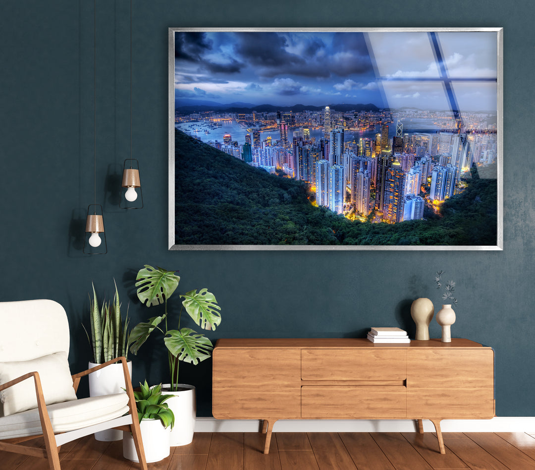 Hong Kong Skyline Glass Wall Art – Stunning View of City Lights & Harbor at Dusk