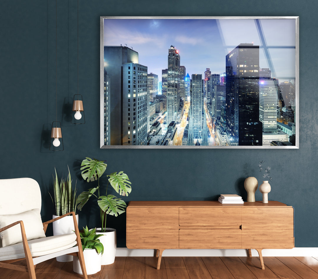 Chicago Skyline Glass Wall Art – Stunning Night View of Downtown Skyscrapers and Streets