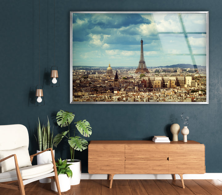 Paris Skyline Glass Wall Art – Iconic Eiffel Tower View with Cityscape