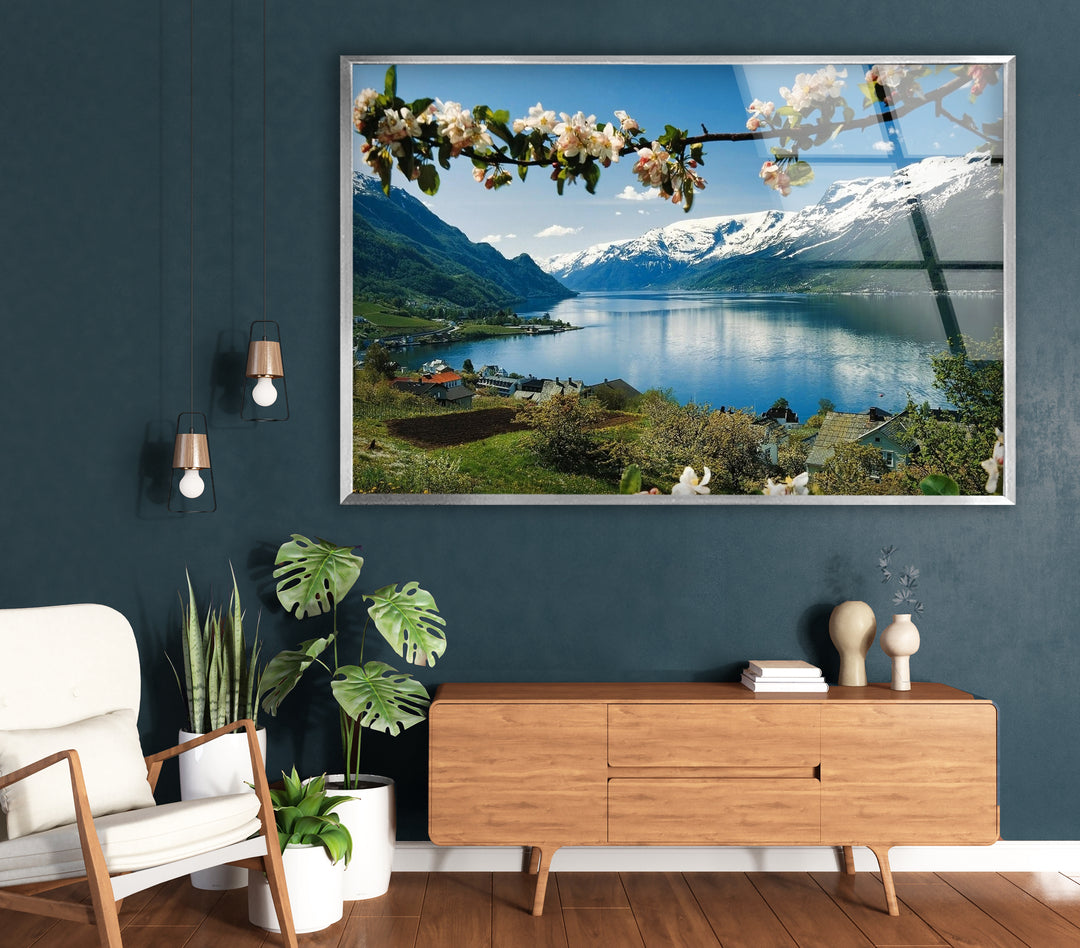 Norwegian Fjord Glass Wall Art – Majestic Mountain & Lake View with Blossoming Flowers