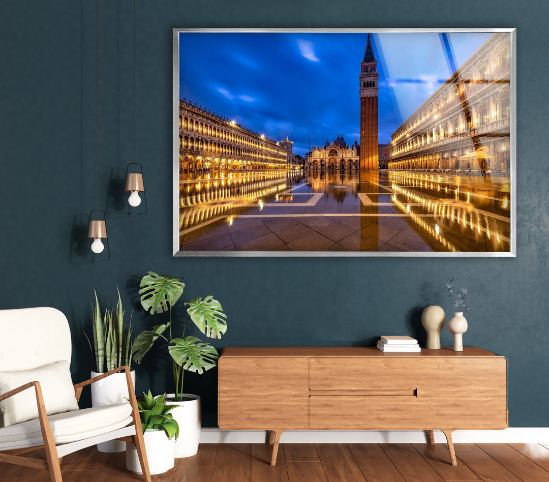 St. Mark's Square Glass Wall Art – Majestic Venice Landmark with Illuminated Campanile Tower