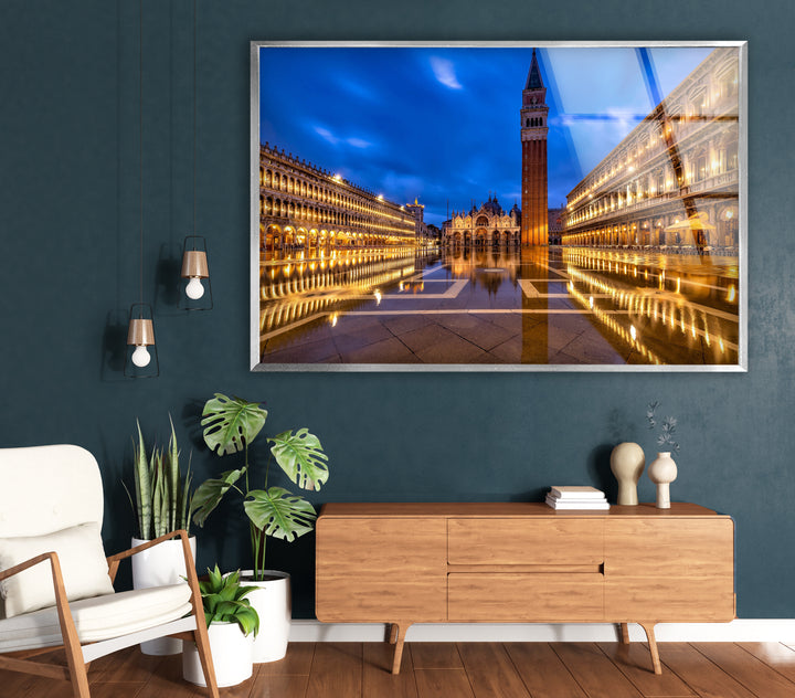 St. Mark's Square Glass Wall Art – Majestic Venice Landmark with Illuminated Campanile Tower