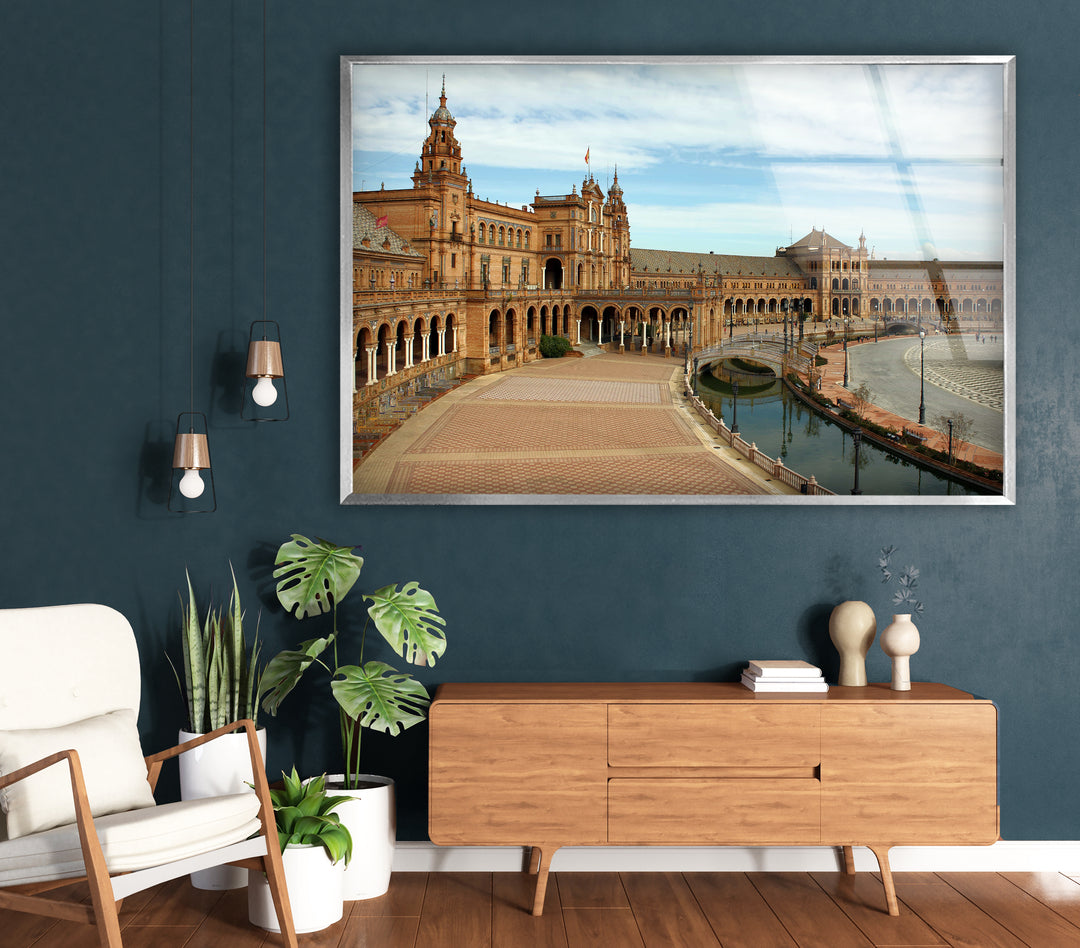 Plaza de España Glass Wall Art – Majestic Spanish Landmark with Scenic Canal View