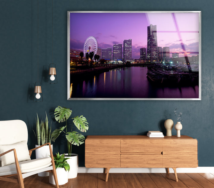 Yokohama City Skyline Glass Wall Art – Stunning Waterfront View with Ferris Wheel at Sunset