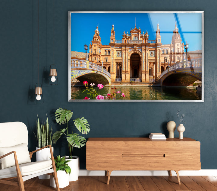 Plaza de España Glass Wall Art – Majestic Spanish Landmark with Scenic Canal