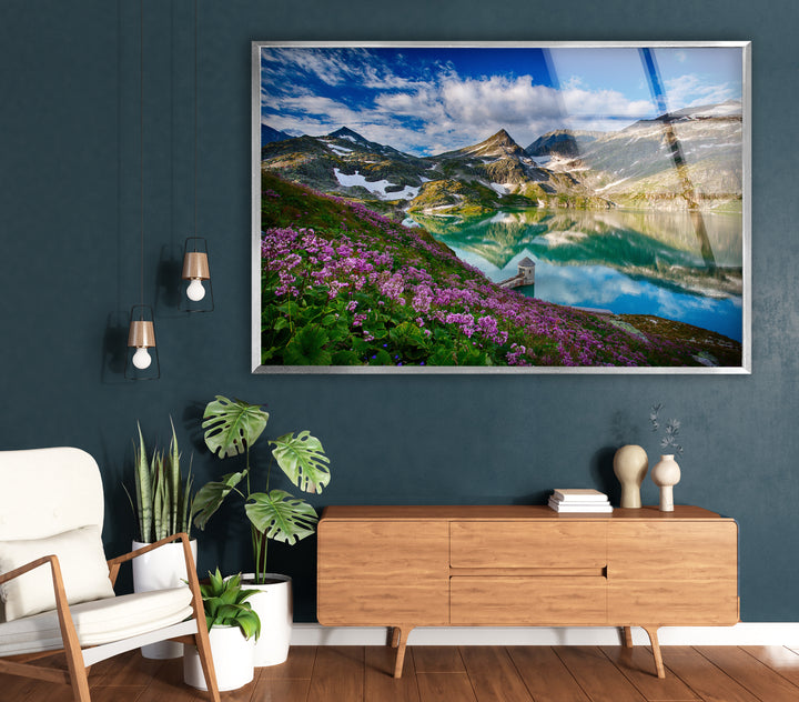 Norwegian Fjord Glass Wall Art – Majestic Mountain with Blossoming Flowers