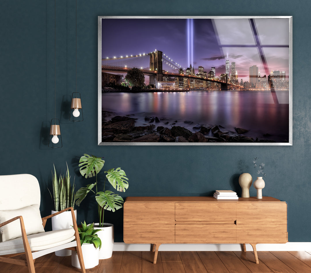 Brooklyn Bridge Glass Wall Art – Breathtaking NYC Skyline with Tribute in Light