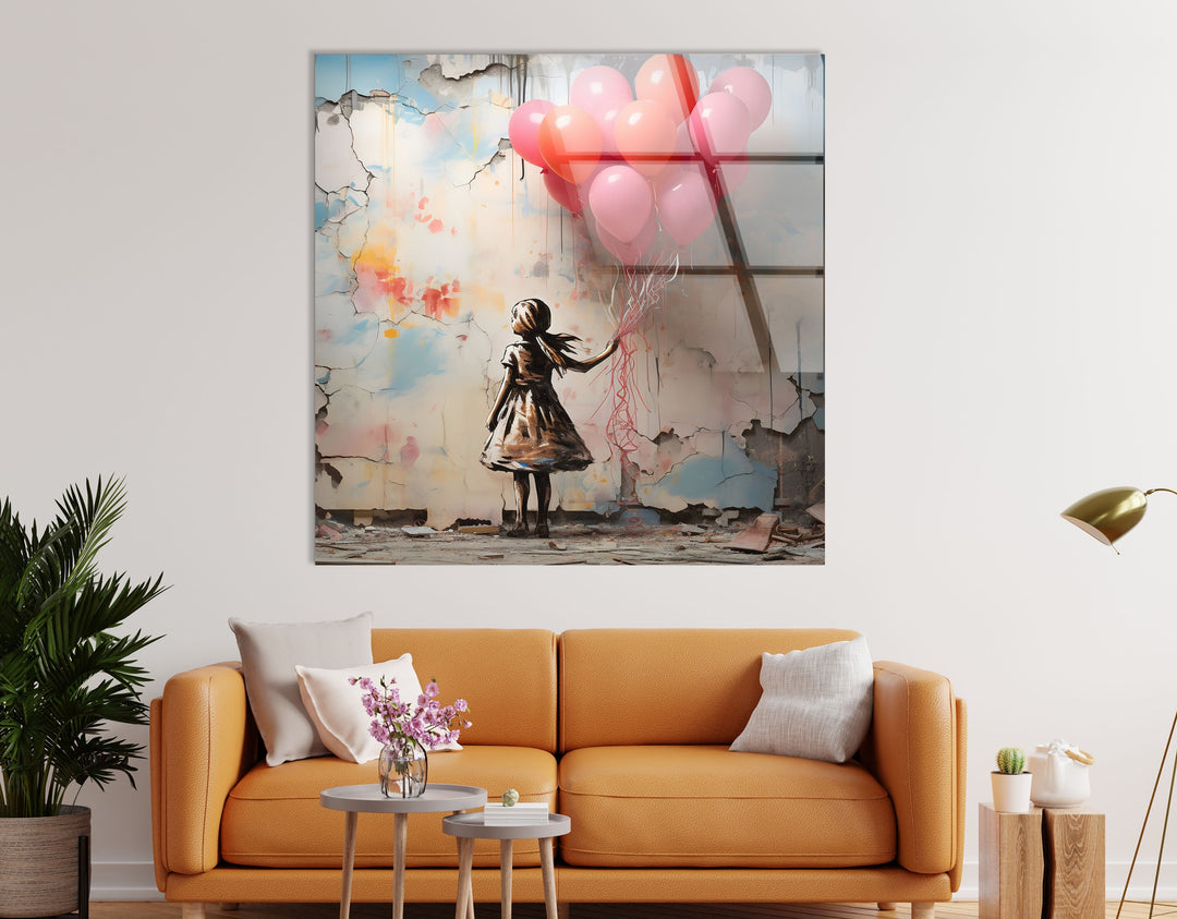 Girl Holding Balloon Glass Wall Art Glass Printing Wall Art, Print photos on glass
