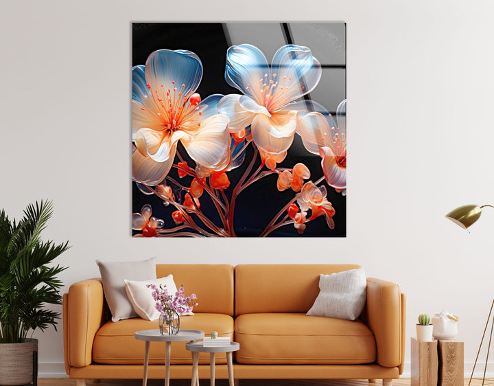 Orange & Blue Flower Glass Wall Art photo print on glass, prints on glass wall art
