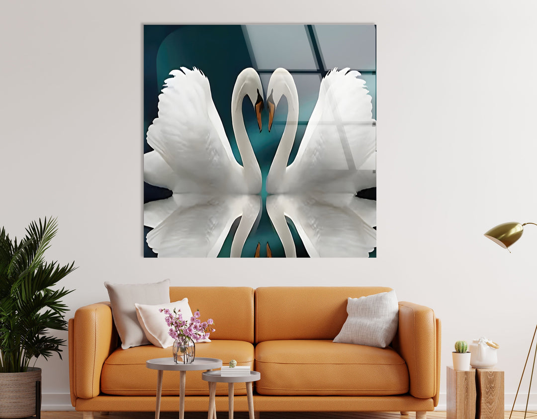 Couple Heart Swans Glass Wall Art photo print on glass, prints on glass wall art
