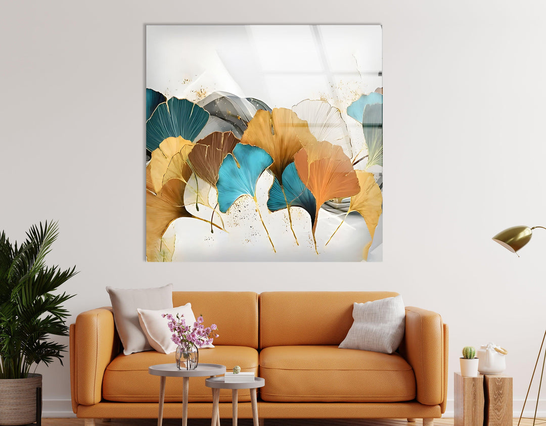 Turquoise & Orange Flower Glass Wall Art custom glass photo prints, large glass prints
