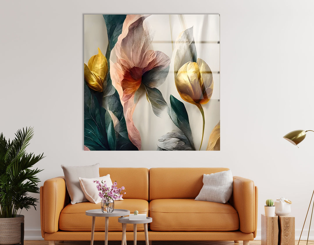 Abstract Golden Details Pink Flower Glass Wall Art large glass photo prints, glass wall photos
