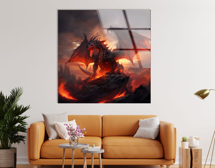 Fiery dragon with glowing wings and breath, standing triumphantly in a blazing landscape.
