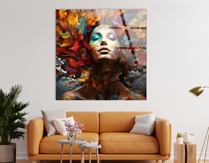 Woman with Colored Leafs Glass Wall Art print picture on glass, Tempered Glass Wall Art
