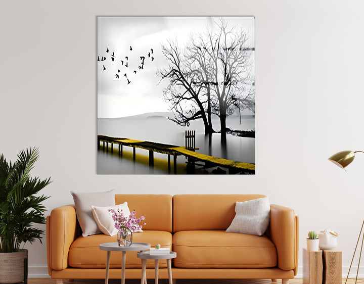 Black & White Dock and Birds Glass Wall Art large glass photo prints, glass wall photos
