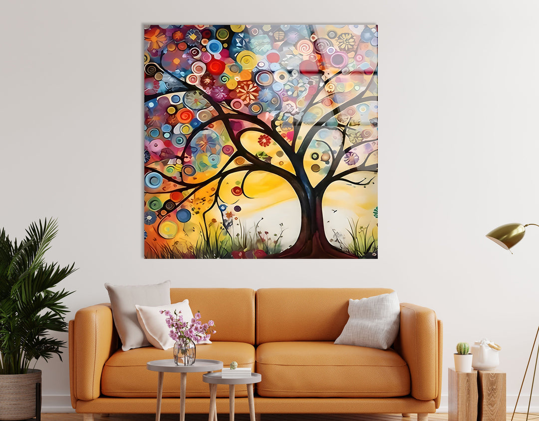 Colored Circles Tree Glass Wall Art picture on glass wall art, photos printed on glass
