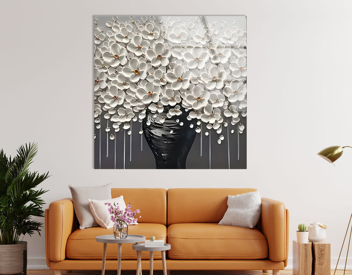 White Flowers and Grey Vase Glass Wall Art art glass wall art, glass wall art pictures
