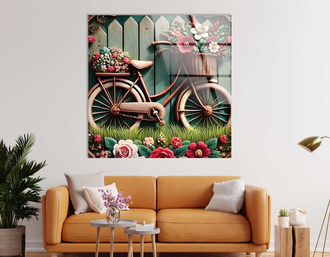 Bicycle with Flowers Glass Wall Art glass art painting, glass art for the Wall
