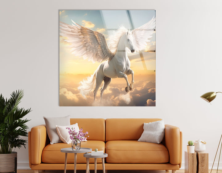 Winged Horse White Glass Wall Art print on glass, glass printed photos
