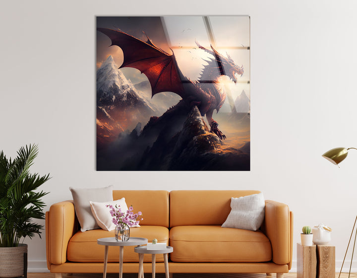 Fierce red dragon perched high in the mountains, with fiery wings and glowing eyes.
