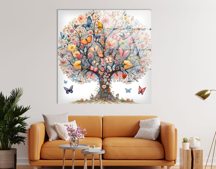 Flower & Butterfly Tree Glass Wall Art picture on glass wall art, photos printed on glass
