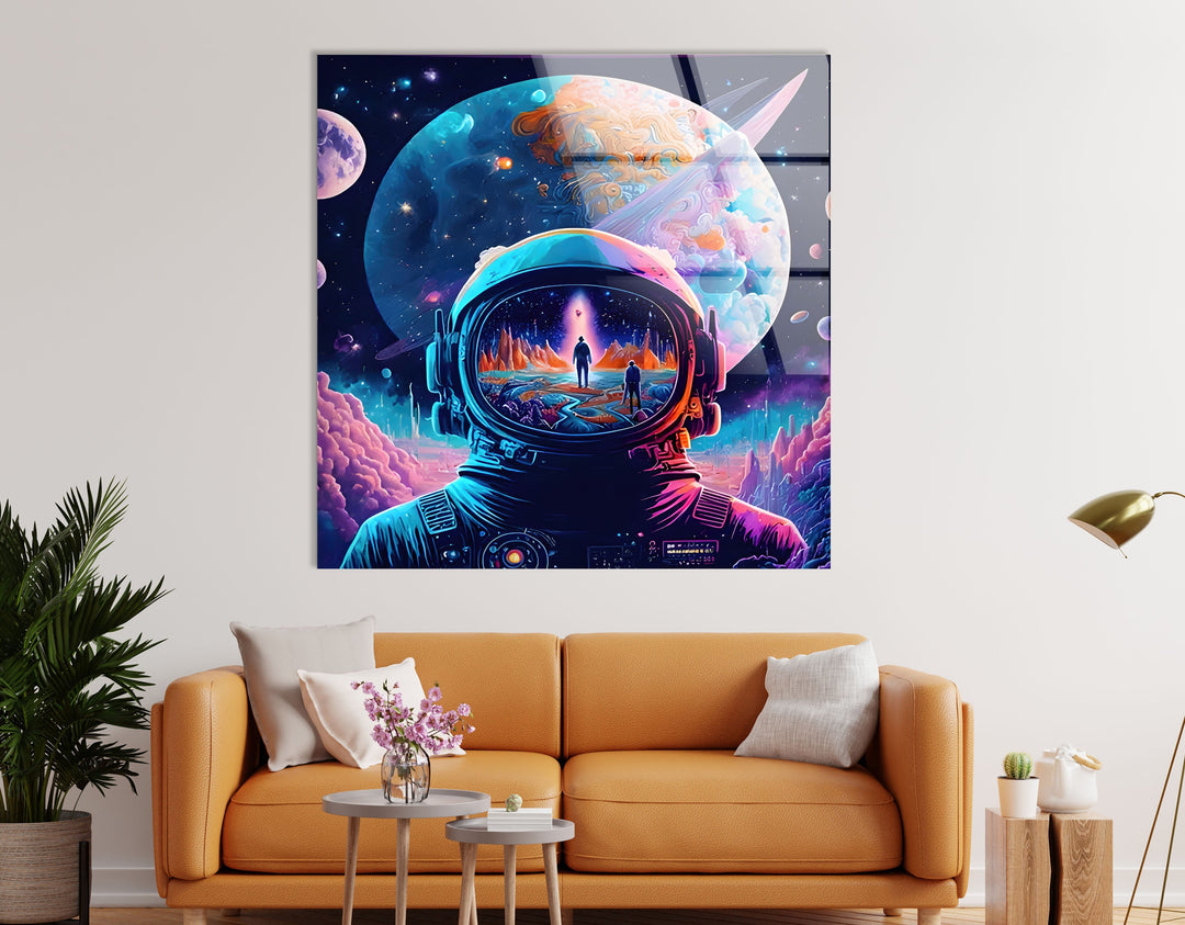 Neon Purple Astronaut Glass Wall Art custom glass photo prints, large glass prints
