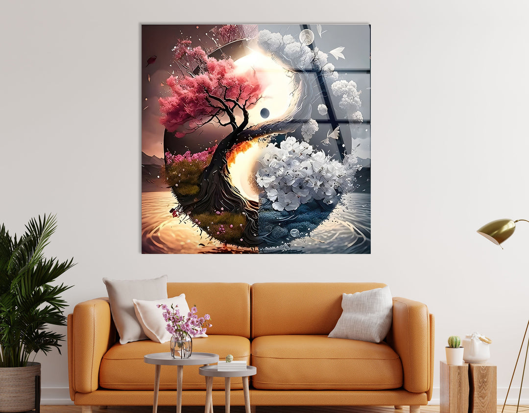 Yin Yang Flower Tree Glass Wall Art print picture on glass, Tempered Glass Wall Art
