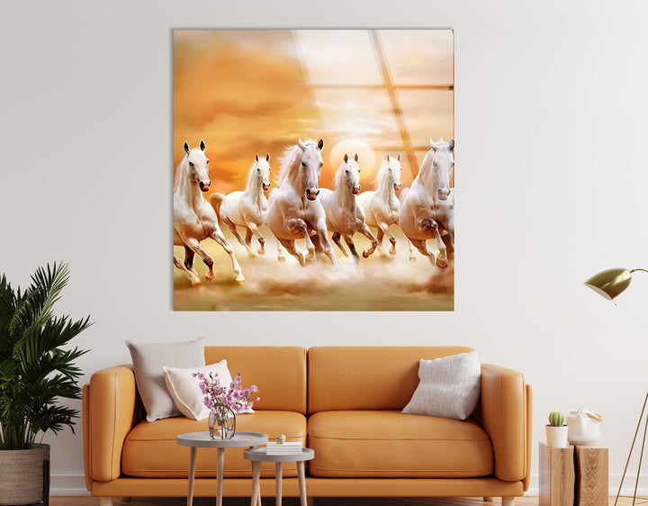 White Horses Running on Sunset Glass Wall Art glass image printing, glass prints from photos
