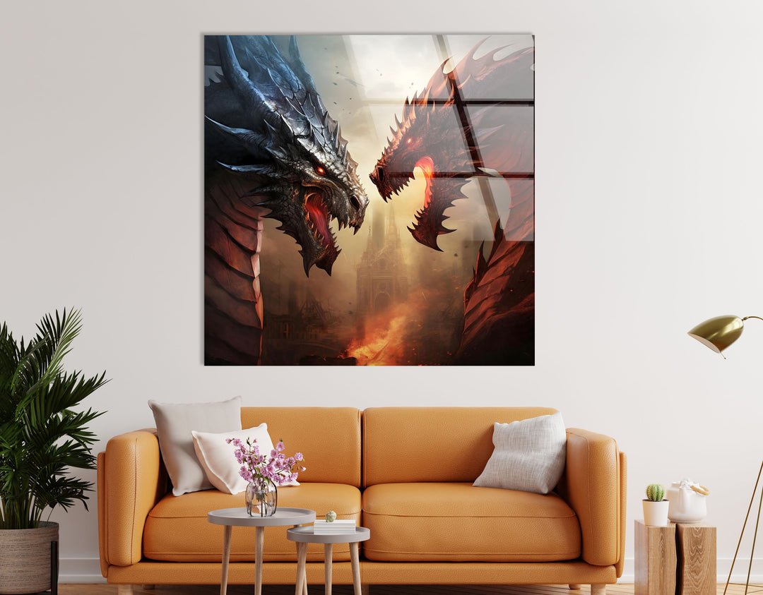 Two fierce dragons locked in an intense battle, with flames lighting up the landscape.
