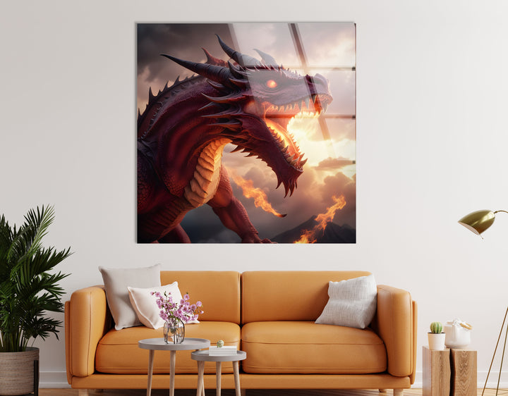 Legendary dragon roaring amidst a fiery landscape, captured in powerful detail.
