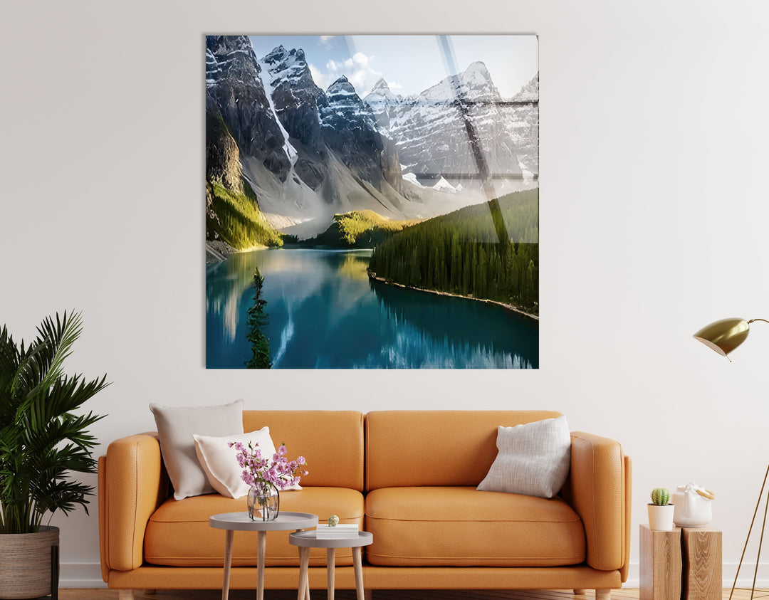 Vivid Snowy Mountains & Trees Glass Wall Art glass art painting, glass art for the Wall
