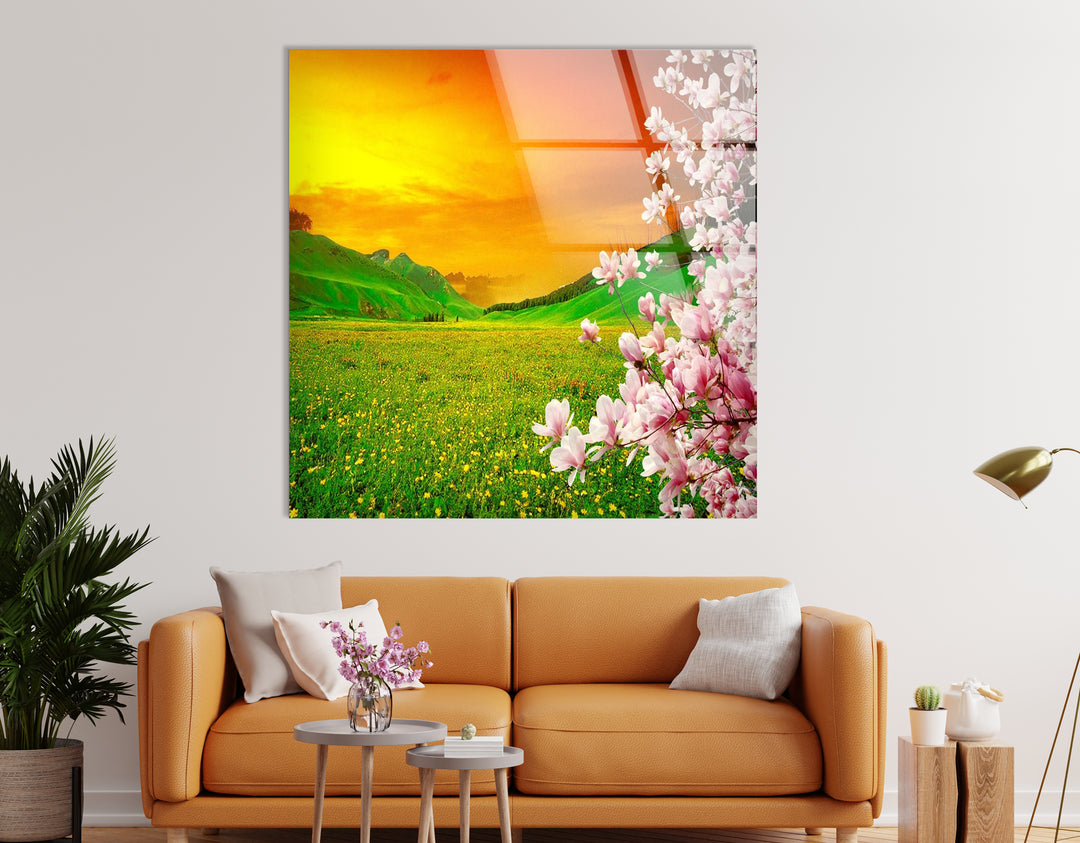 Sunset Meadow Glass Wall Art – Beautiful Spring Landscape with Blossoming Flowers