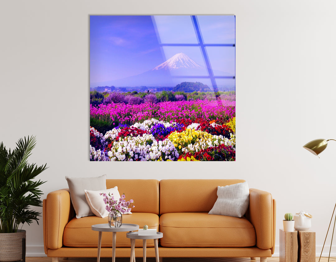 Mount Fuji and Flower Field Glass Wall Art – Majestic View of Japan’s Iconic Mountain & Blossoming Landscape