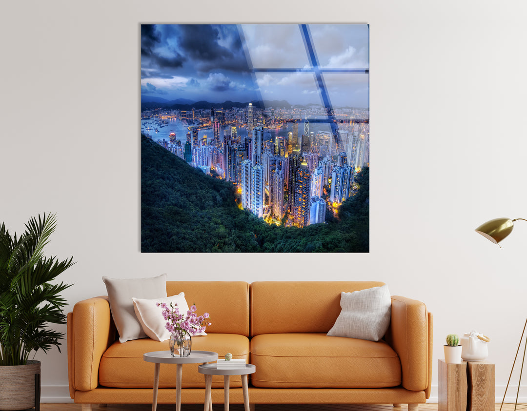 Hong Kong Skyline Glass Wall Art – Stunning View of City Lights & Harbor at Dusk