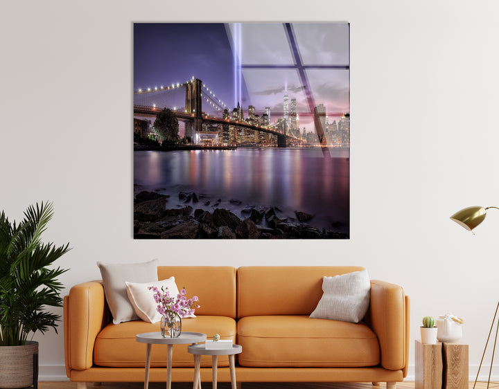 Brooklyn Bridge Glass Wall Art – Breathtaking NYC Skyline with Tribute in Light